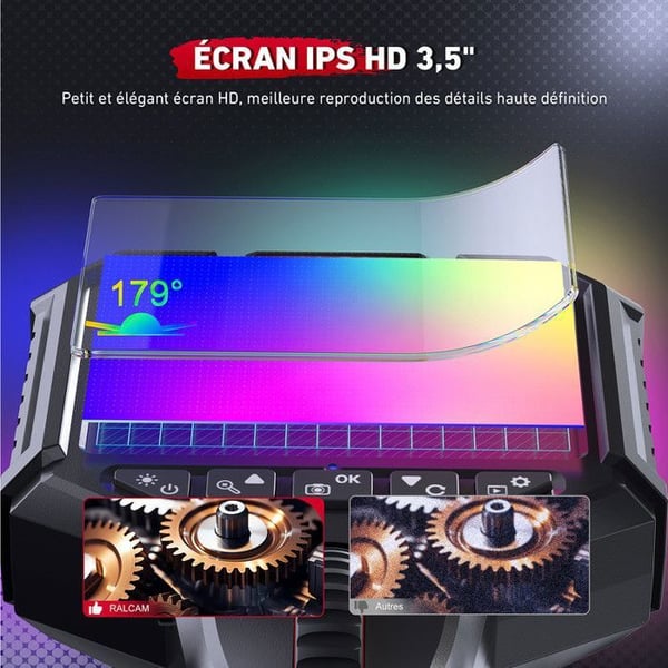Ralcam endoskopkamera med ljus, Endoskop 8,5 mm, Inspektionskamera 3,5" HD 1080P, 8 LED - Vattentät IP67 - Halvstyv kabel