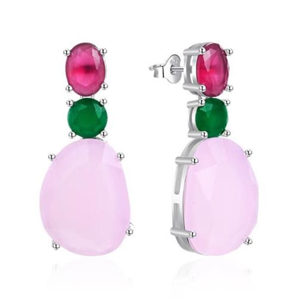 Hängande örhängen - AGATO - AGT-E014PC - Silver 925 - Färgat glas - Fuchsia, Grön, Rosa