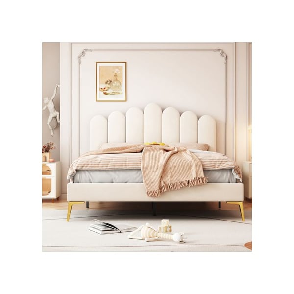Dobbelt seng - MUVOE - 140 x 200 cm - Beige velour - Justerbar hovedgærde - 250 kg belastning