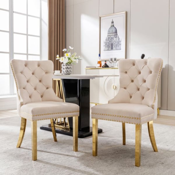 Matstol, klädd, stativ i rostfritt stål i guld, klädsel i sammet, beige/guld