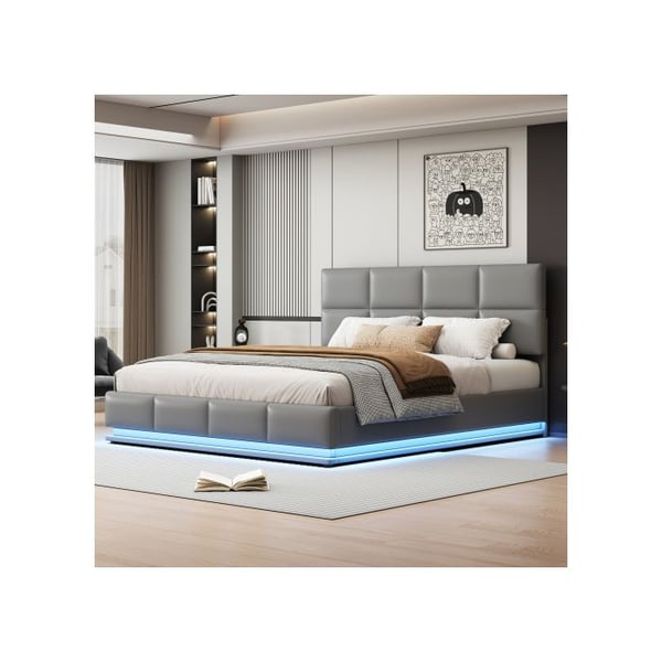 Säng med stoppad ram 180x200 cm, med LED-belysning och hydraulisk liftförvaring, ljusgrå
