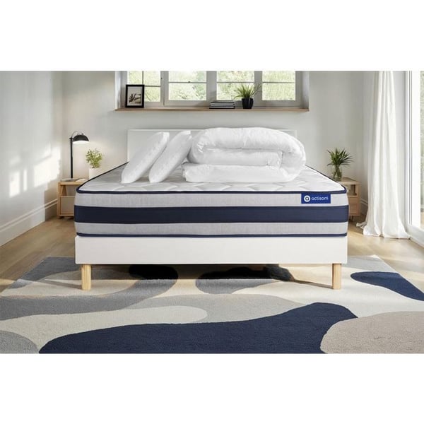Komplett sängpaket 140x190 cm - Madrass + Sängbotten Vit (i kit) + 2 kuddar + Täcke - Actimemo Er