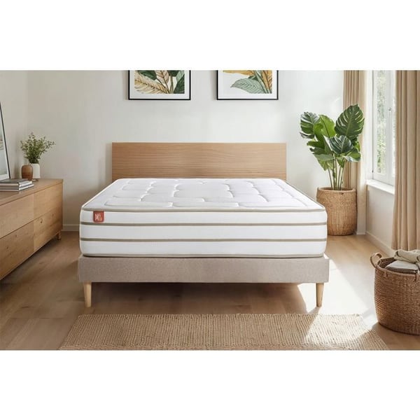 Pack madrass LE DOUILLET 140x200cm Minneskum BioVisco + sängram kit Beige + 2 kuddar + täcke