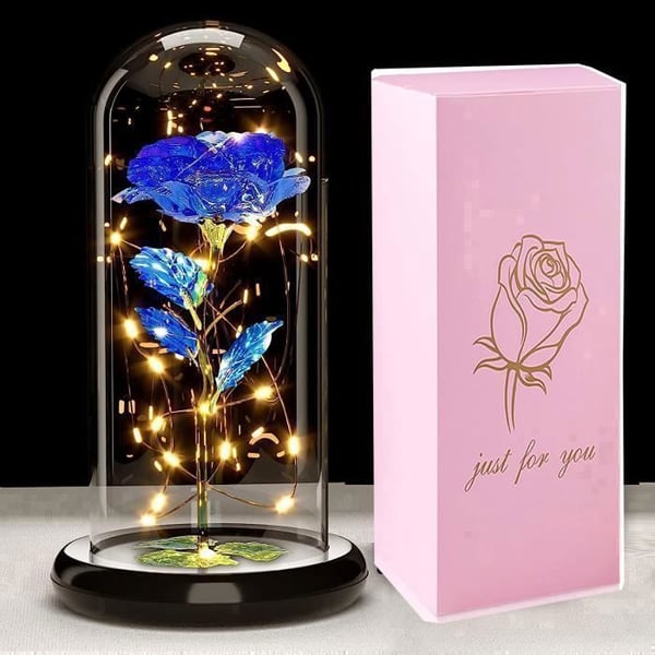 Eternal Rose Under Bell, Galaxy Rose med LED-lampor, lysande rosblommor, konstgjord rosblommagåva, blå