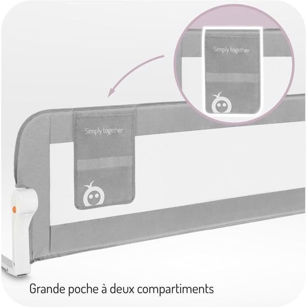 MoMi LEXI PLUS - Babyseng barriere 150×43 cm - Foldbar 180° - Sikkerhedssystem - Åndbart net - Stor lomme - Grå