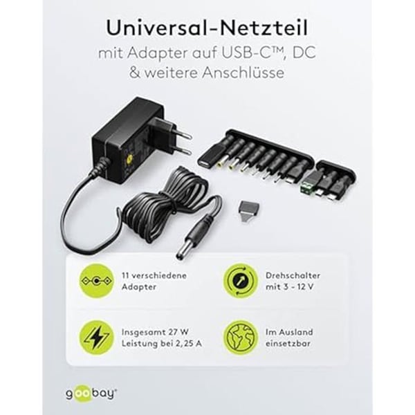 Universell Strömadapter - GOOBAY - 64570 - 3V-12V - Max. 27W - 6 DC-adaptrar ingår