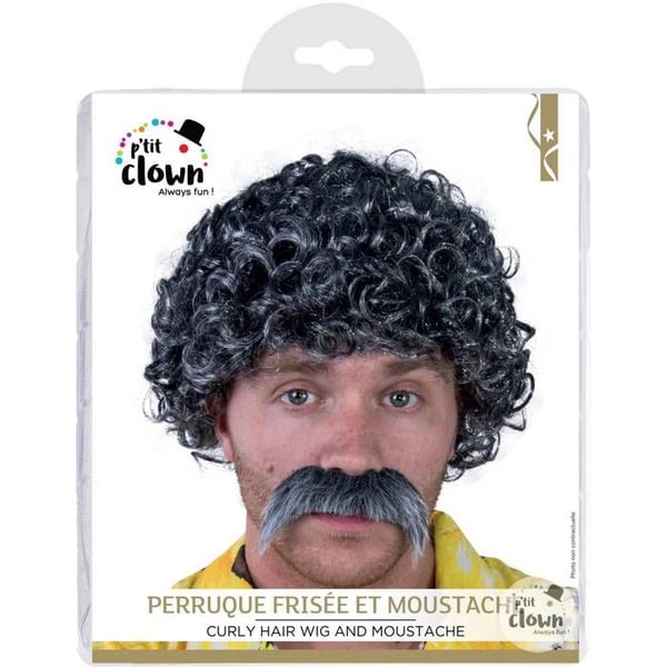 Perruk och Mustasch - LILLA CLOWN - Lucien - Kort Lockig - Grå - Vuxendräkt