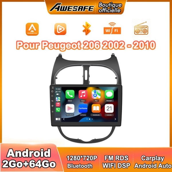 AWESAFE Autoradio Android 13 för Peugeot 206 (2002-2010) 2Go+64Go 9'' Pekskärm med GPS Carplay Android Auto FM WiFi