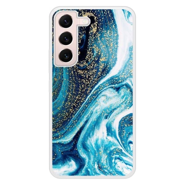 Förstärkt silikonhölje med tryck, kompatibelt med Samsung Galaxy S22, Marmor Blå Glittrig