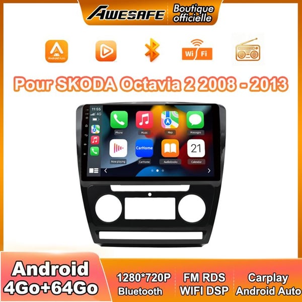 AWESAFE Bilstereo 4G Android 13 4Go+64Go för SKODA Octavia 2 (2008-2013) 10'' Pekskärm med Carplay GPS Bluetooth Android Auto