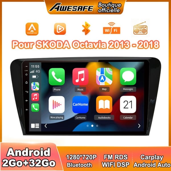 AWESAFE Autoradio Android 13 2Go+32Go för SKODA Octavia (2013-2018) 10'' Pekskärm med Carplay GPS Bluetooth Android Auto
