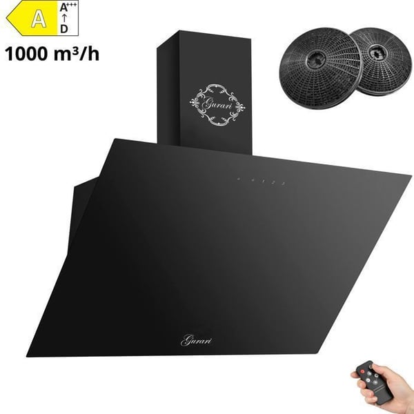 Köksfläkt 80 cm GURARI GCH 286 BL 8+kolfilter • Svart glas • Vinklad väggmonterad 1000m³/h • Utsugning & Återvinning