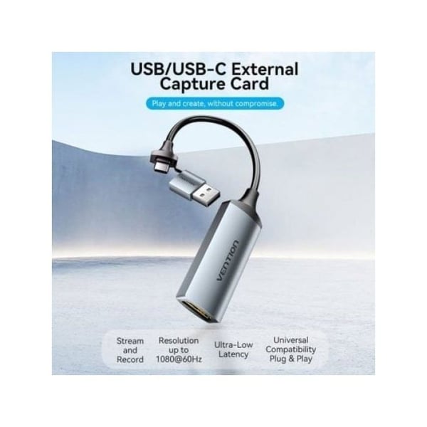 HDMI-konverter Vention ACWHA 4K@60Hz HDMI Hona till USB-C/USB-A 480Mbps 10cm Grå