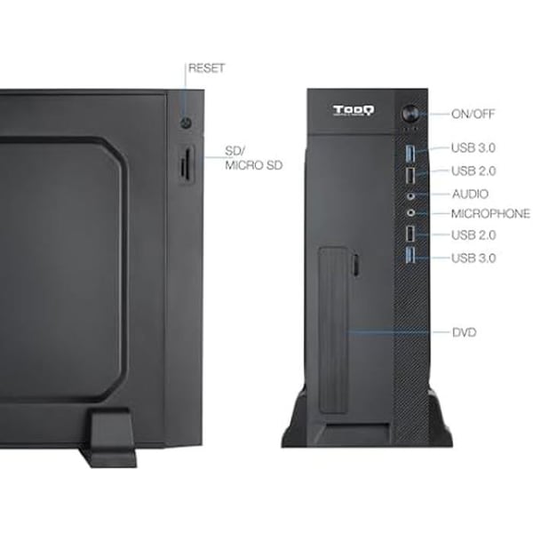 TOOQ TQC-3008U3C - Smal Micro-ATX/Mini-ITX-fodral, SD/TF-kortläsare, 500W Micro-ATX/SFX-strömförsörjning ingår, svart