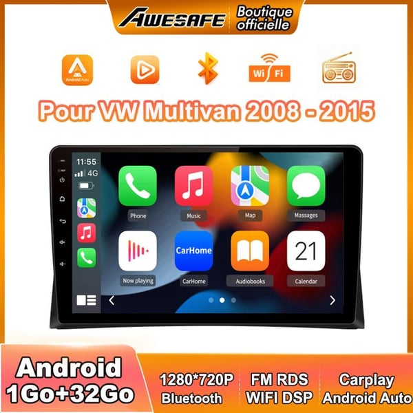AWESAFE Autoradio Android 13 1Go+32Go för VW Multivan (2008-2015) 9'' Pekskärm med Carplay GPS Bluetooth Android Auto