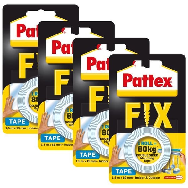 Dubbelt självhäftande tejp - Pattex - FIX 80 kg - 1,5 m x 19 mm - Pack om 4 - Inomhus- och utomhusbeständig