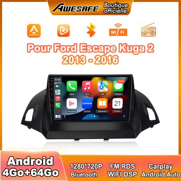 AWESAFE Autoradio 4G Android 13 4Go+64Go för Ford Escape Kuga 2 (2013-2016) 9'' Pekskärm med Carplay GPS BT Android Auto