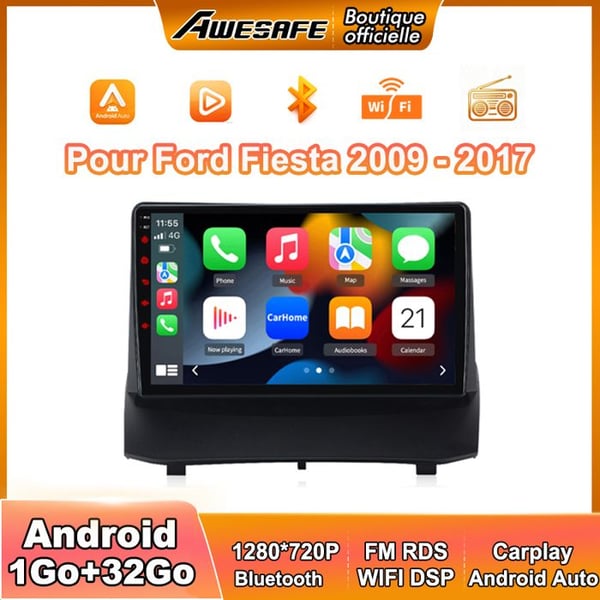 AWESAFE Autoradio Android 13 1Go+32Go för Ford Fiesta (2009-2017) 9'' Pekskärm med Carplay GPS Bluetooth Android Auto