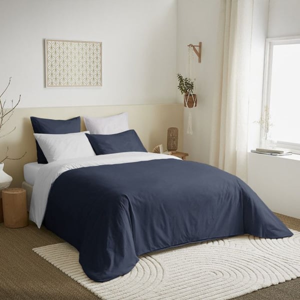 Komplett paket 6 delar Marin/Vit vändbart påslakan för säng 140 x 190 cm