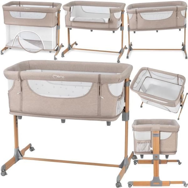 MoMi SMART BED – 4-i-1 Babyköngssäng – Höjd & Lutning – Säng med Myggnät, Madrass, Sidoåtkomst – Beige