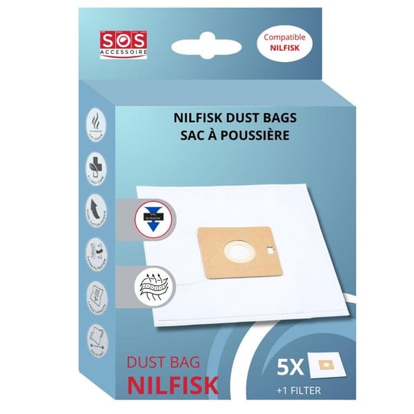 SOS Accessoire Box med 5 påsar med 1 förfilter CUT/COMPACT/GO/FORCE för Dammsugare NILFISK 78602600, 22422400