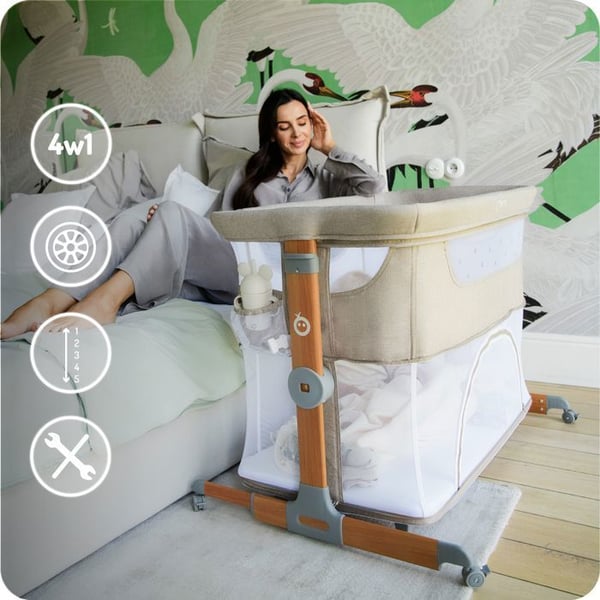 MoMi SMART BED – 4-i-1 Babyköngssäng – Höjd & Lutning – Säng med Myggnät, Madrass, Sidoåtkomst – Beige