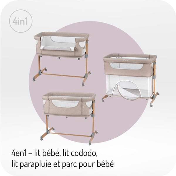 MoMi SMART BED – 4-i-1 Babyköngssäng – Höjd & Lutning – Säng med Myggnät, Madrass, Sidoåtkomst – Beige