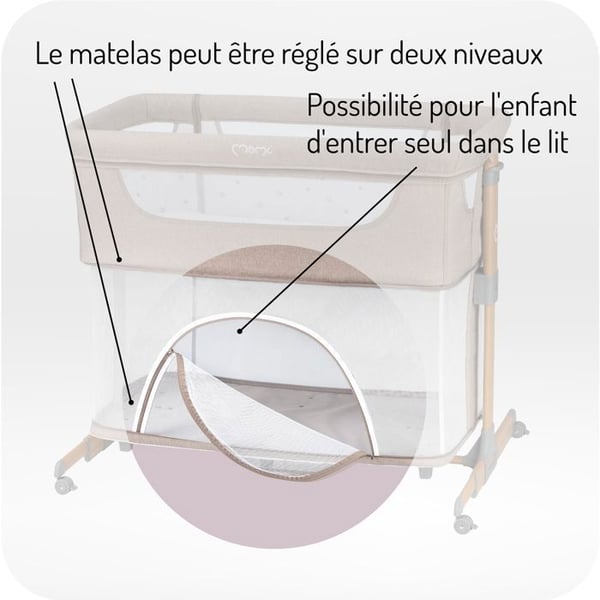 MoMi SMART BED – 4-i-1 Babyköngssäng – Höjd & Lutning – Säng med Myggnät, Madrass, Sidoåtkomst – Beige