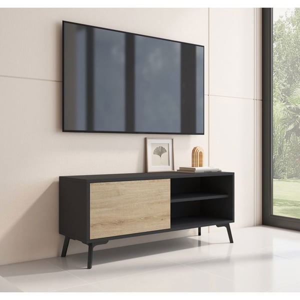 DESIGN AMEUBLEMENT - Modern TV-bänk - Svart och Sonoma, matt melamin - 1 dörr - Ben 12 cm - 100 x 42 x 30 cm