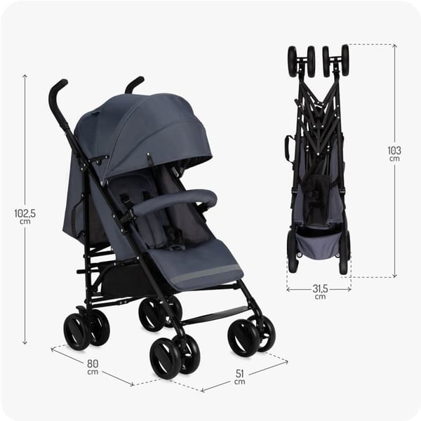 MoMi AKIRA - Ultrad compact paraplyvagn - 6,7 kg - 6m till 15 kg - Inkluderade tillbehör: väska + myggnät - Grå