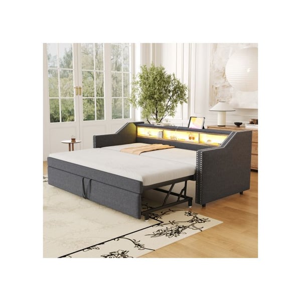 Polstret sängsoffa med utdragbar funktion 90/180 x 190 cm, multifunktionell förvaringsfack
