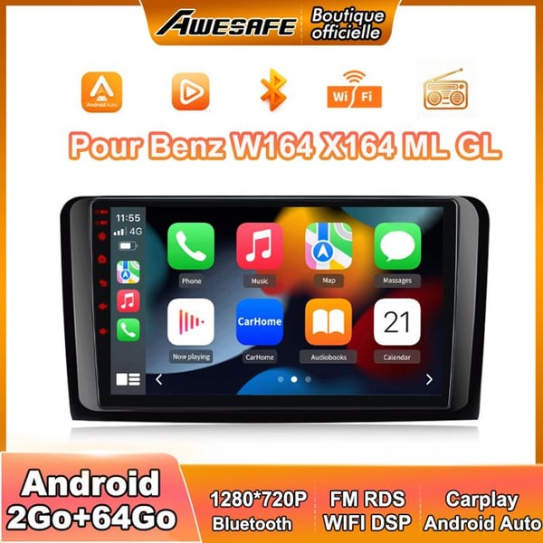 AWESAFE Bilradio Android 13 2Go+64Go för Benz W164 X164 ML GL 9'' Touchskärm med Carplay GPS Bluetooth Android Auto