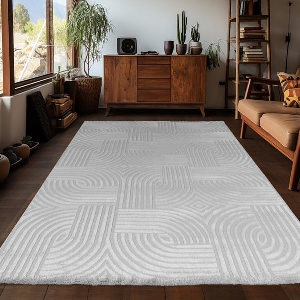 Soffmatta med reliefmönster i rutor, bohemisk skandinavisk stil, mjuk, silverfärgad (Dimension: 80X150 cm)