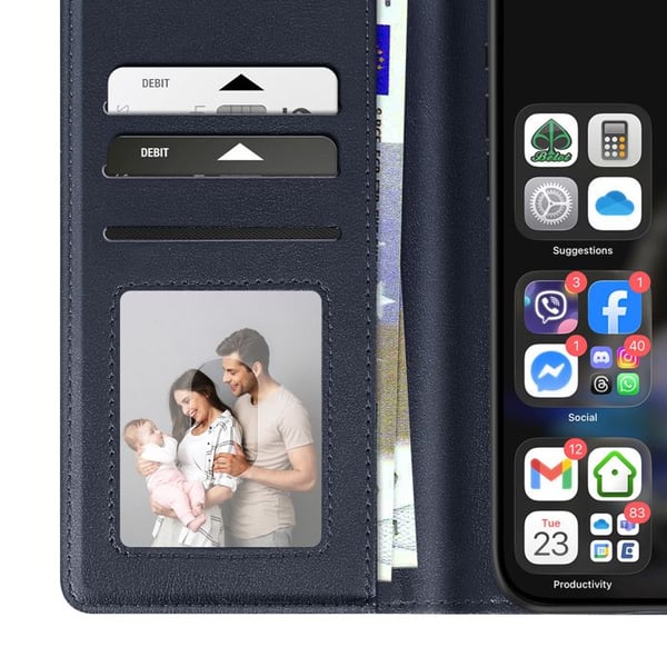 Fodral för iPhone 16 Pro i premium läder med ställfunktion, nattblå