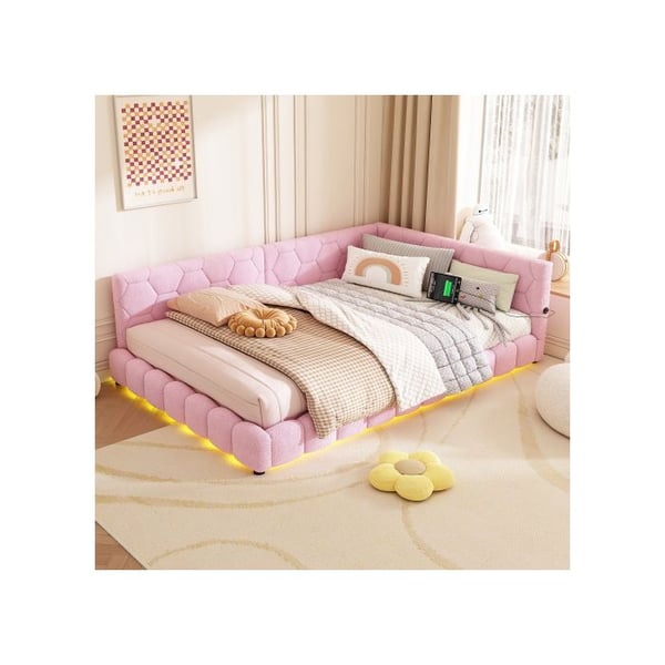 Sovesofa - MUVOE - 140x200 cm - Lyserød uld - LED ambiance - USB-oplader