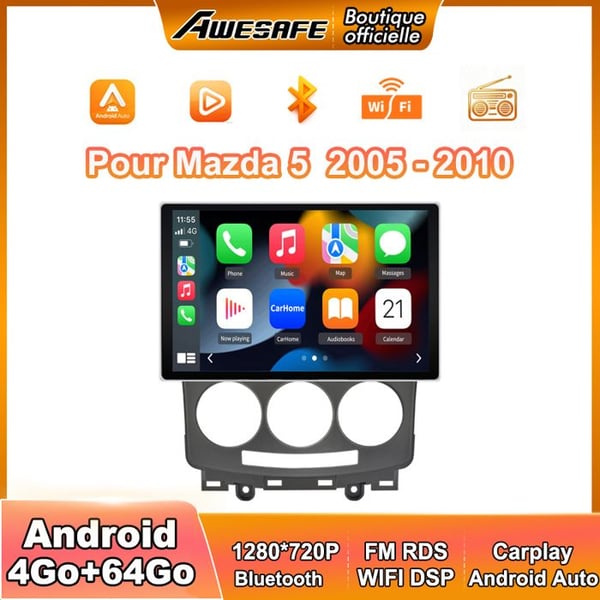 AWESAFE Bilradio 4G Android 13 4Go+64Go för Mazda 5 (2005-2010) 9'' Pekskärm med Carplay GPS Bluetooth Android Auto