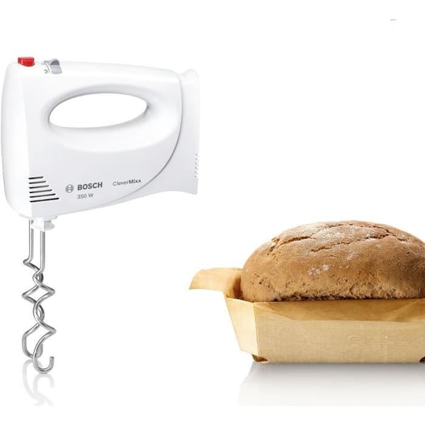 Batteur BOSCH CleverMixx MFQ3030 - 350 W - 4 hastigheder - Pulsfunktion - 2 dejkroge + 2 piskeris i rustfrit stål - Hvid