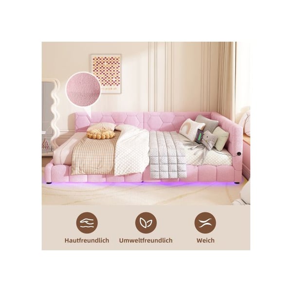 Sovesofa - MUVOE - 140x200 cm - Lyserød uld - LED ambiance - USB-oplader