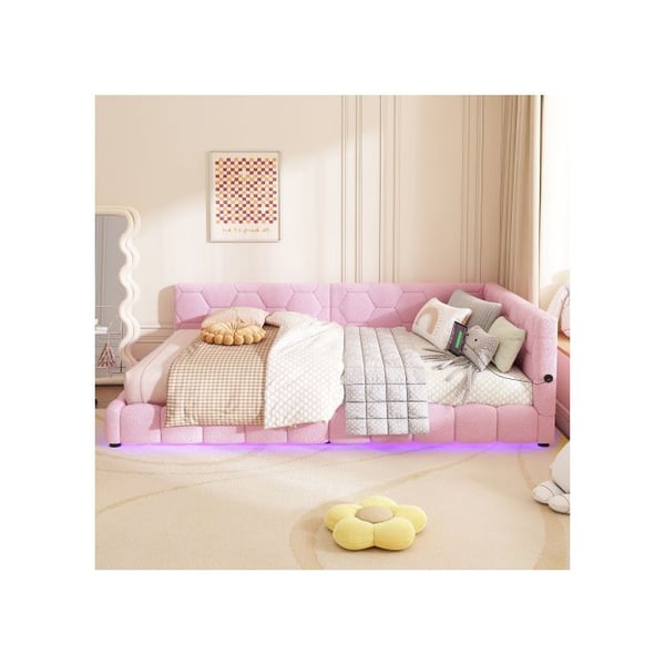 Sovesofa - MUVOE - 140x200 cm - Lyserød uld - LED ambiance - USB-oplader