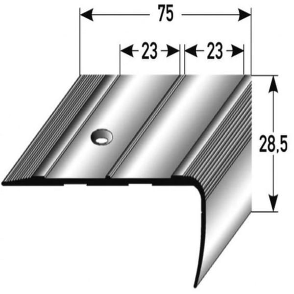 PROVISTON Kombinerad vinkelsteg med måtten 28,5 x 75 x 1000 mm i anodiserad aluminium med hål.