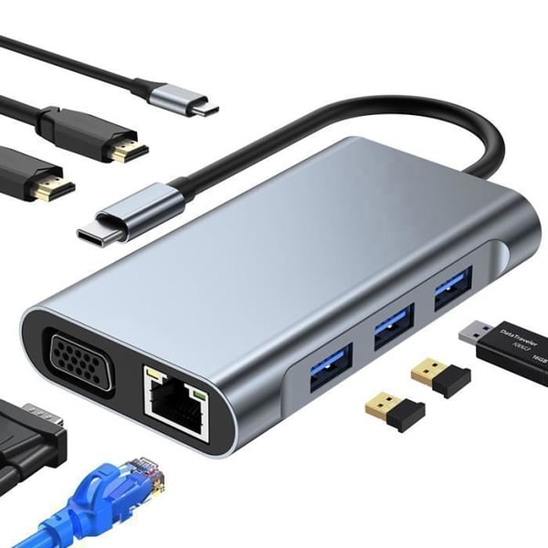HUB USB C, USB C-adapter 8 i 1 med HDMI*2, VGA, USB 3.0*1, 2.0*2, PD100W, Ethernet RJ45100M, SD/TF-kortläsare, Grå