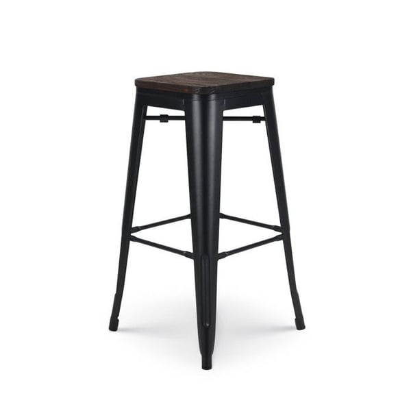 Svart metall barstol i industriell stil med mörk träseat - Höjd 76 cm