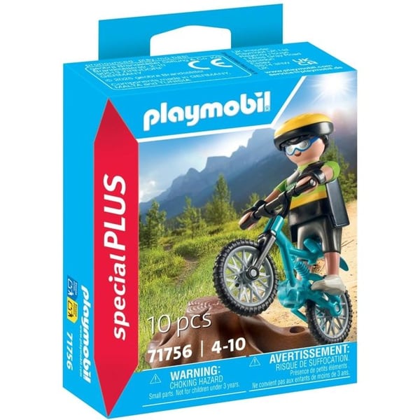 Cyklist med mountainbike och trädstam