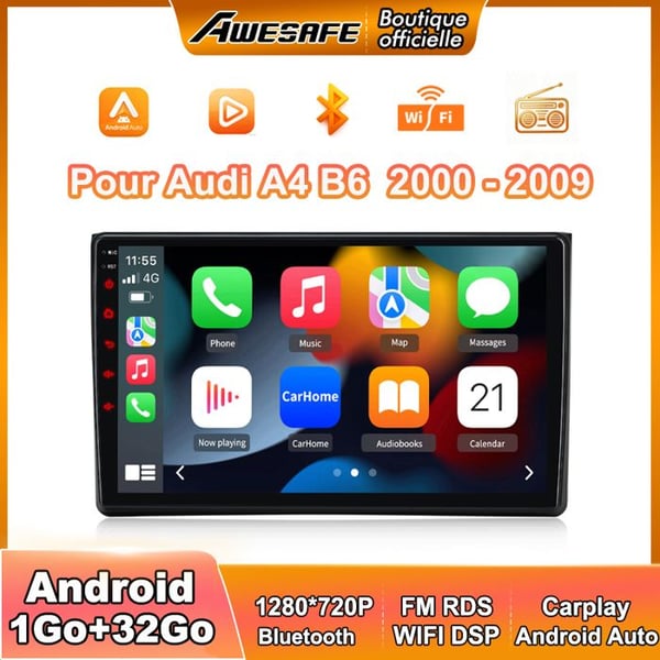 AWESAFE bilradio Android 13 1Go+32Go för Audi A4 B6 (2000-2009) 9'' pekskärm med Carplay GPS Bluetooth Android Auto