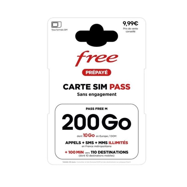 Förbetald SIM-kort - Free - 200 Go - Obegränsade samtal/SMS/MMS - 100 min internationellt - Utan bindningstid