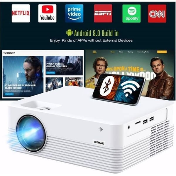 JEEMAK Videoprojektor 720P 6000 Lumen WiFi Bluetooth Bärbar Projektor med Android TV Netflix