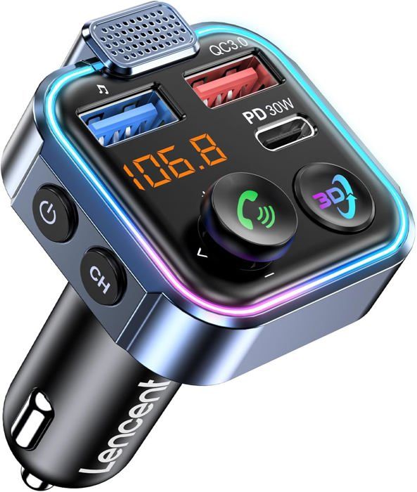 FM Bluetooth Sender Bil, Cigaretstik Bluetooth 5,3 FM Radio Sender, Hurtig Biloplader PD 30W & QC3,0 A