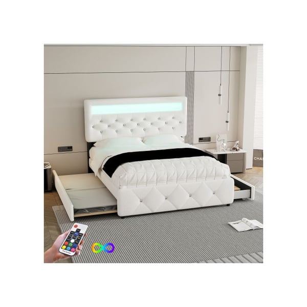 Polstret seng - MUVOE - 140x200 cm - Hvid - 2 skuffer - Elegant design