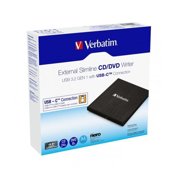 DVD-brännare - Verbatim - Slimline - USB-C - Kompatibel CD/DVD - Svart