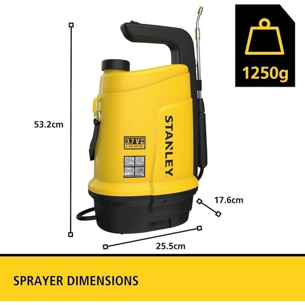 Stanley Elektrisk spruta 5 L, uppladdningsbart litiumbatteri, teleskopisk lans, justerbar munstycke, batteritid 2,5 h